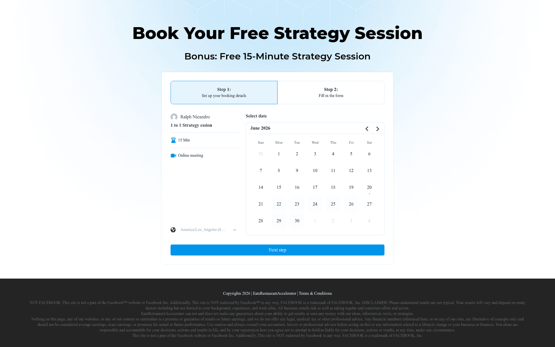 Eats Restaurant Accelerator booking page screenshot