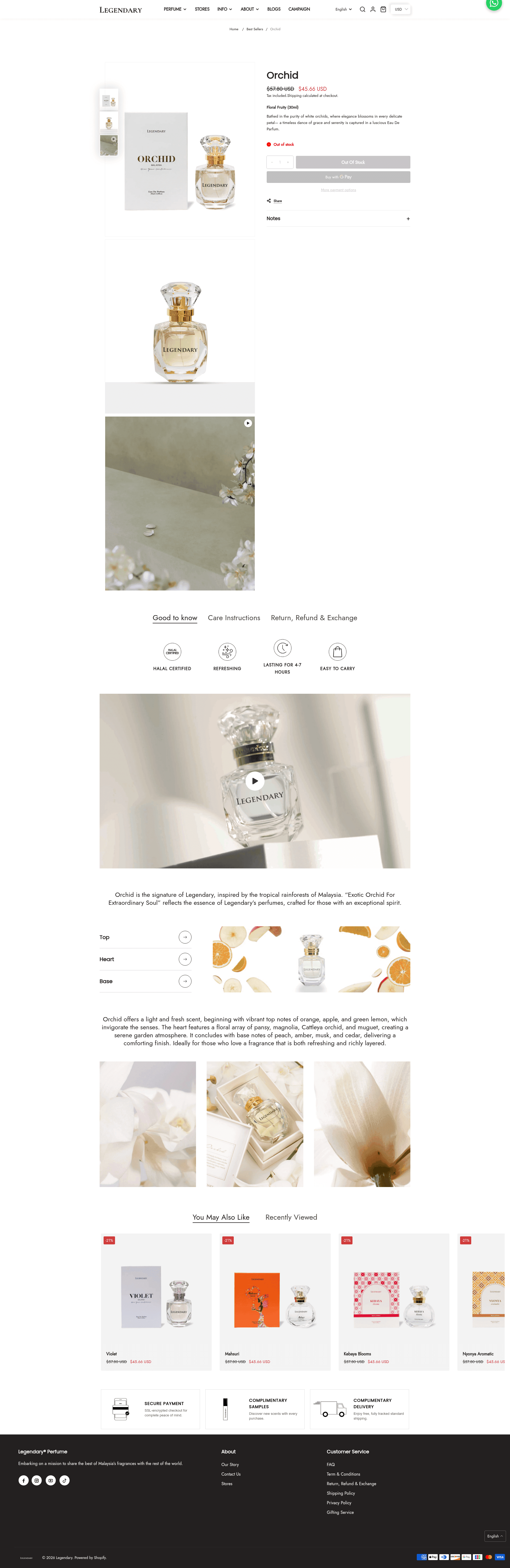 Legendary Perfume Orchid product page screenshot