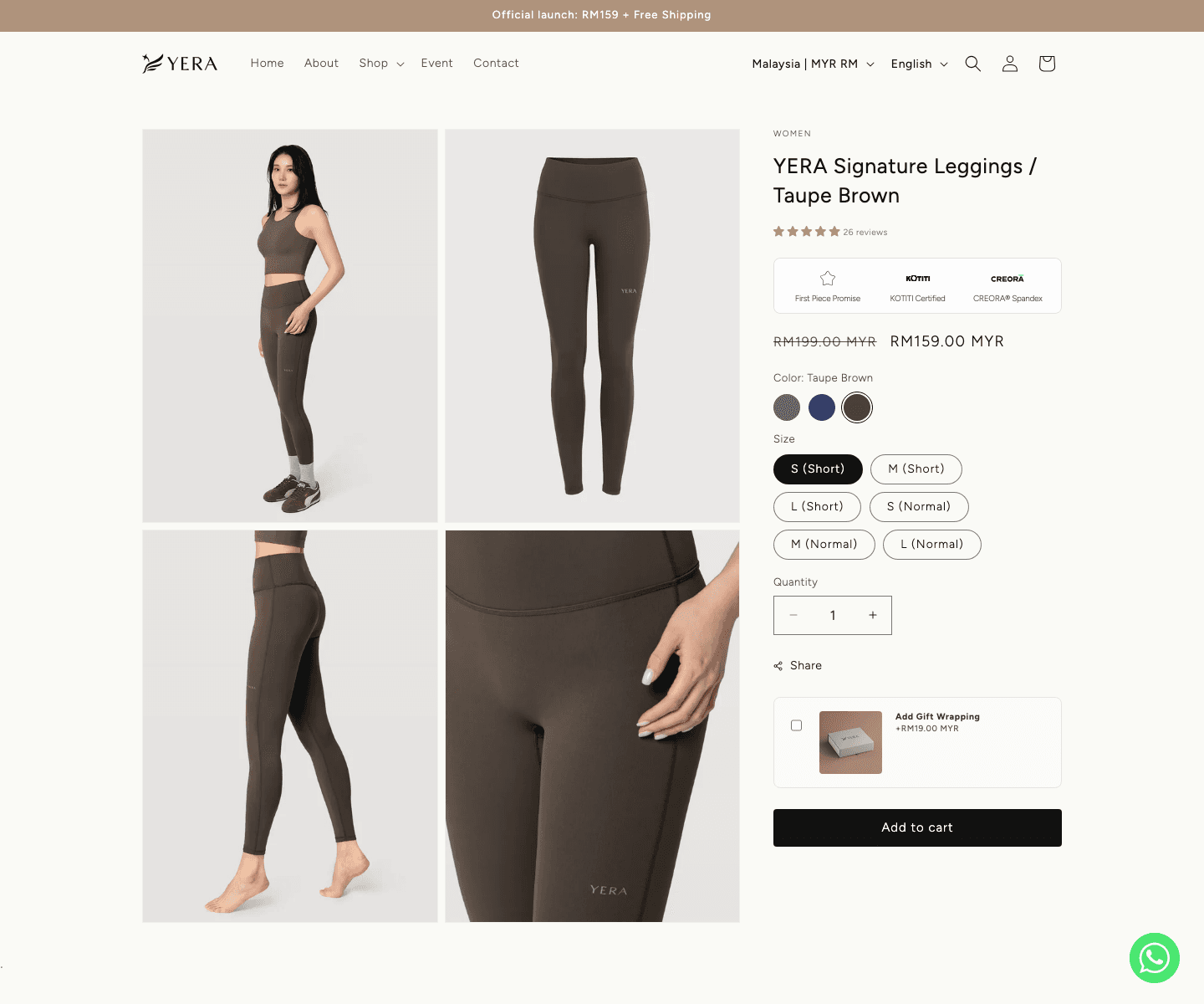 Yera product page screenshot with reviews, market pricing, and size options